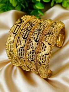 ANIID 4件套镂空镀金手镯，中东迪拜沙特阿拉伯欧美风格首饰，适合新娘、婚礼、派对、母亲节、情人节礼物 - 金黃色 - 查看 2