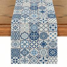1pc Bohemian Blue & White Tile Pattern Polyester Tablecloth, Rectangular, Suitable For Kitchen, Dining Room Decor, Home Gatherings And Home Decoration - Blue - View 11