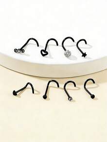 SENLANSP 8pcs/Set Stainless Steel Basic Minimalist Spiral Nose Rings - Silver - View 6