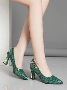 Sepatu Hak Tinggi Wanita Modis dengan Aksen Gesper, Warna Polos, Nyaman, dan Serbaguna, Cocok untuk Semua Musim, Hadiah Hari Ibu - Hijau - View 3