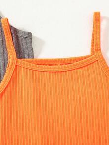 3pcs/Set Young Girls Slim Fit Casual Solid Color Ribbed Camisole Jumpsuit - Orange - View 11