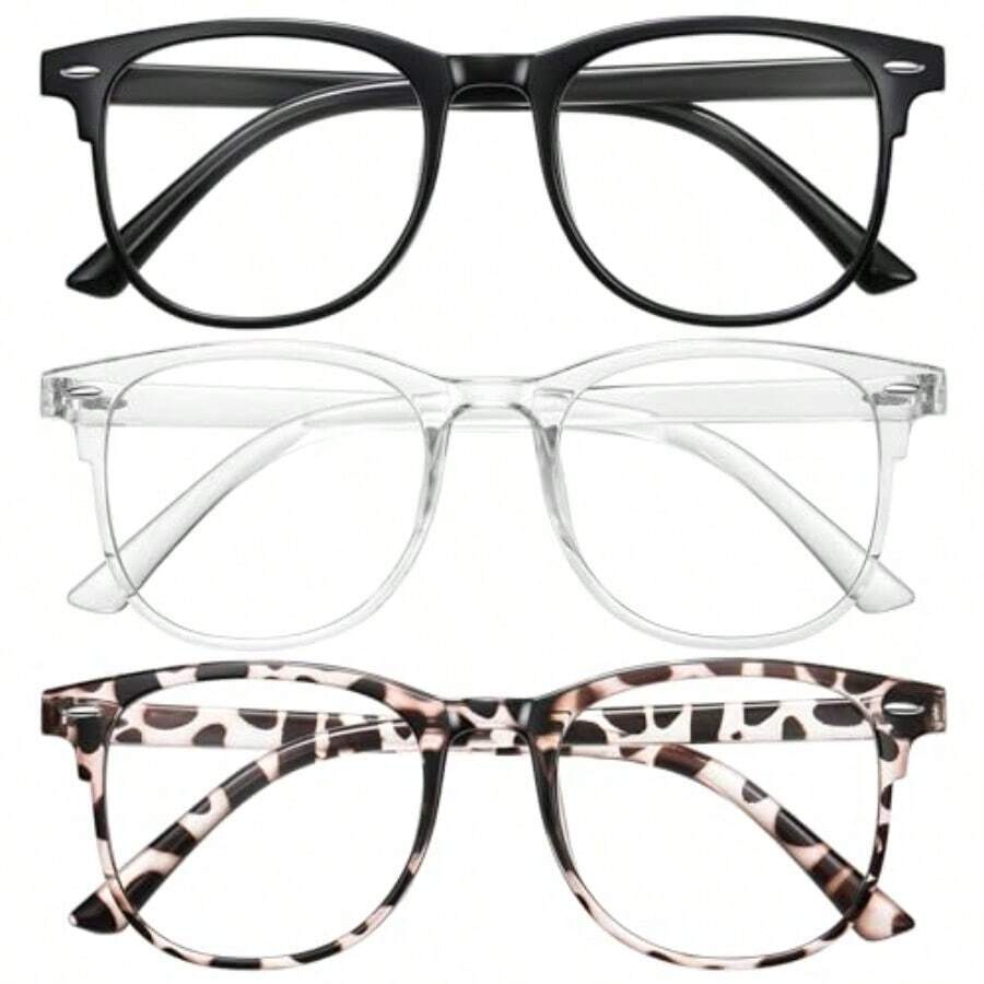 3 Pack Blue Bloc Glasses Women Men Round Compr Glasses Anti Eye Strain/UV/Glare Gaming Glasses - Bộ 3 chiếc màu đen báo trắng - Xem 1