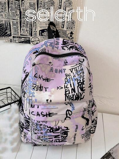 紫色字母卡通涂鸦笔记本电脑包/iPad包，大容量多口袋拉链手提包/背包，适合女性、青少年、学生，日常通勤、户外、旅行、上学、送礼