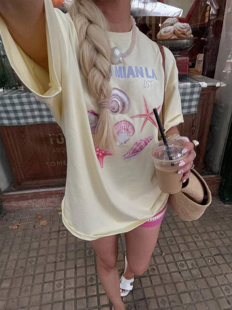 Bộ 2 món áo thun in hình sao biển và quần short kẻ sọc tương phản dành cho nữ, trang phục đi nghỉ mát/đi biển, thích hợp cho mùa xuân/hè, ngày Valentine, tiệc tùng. - Nhiều màu - Xem 1