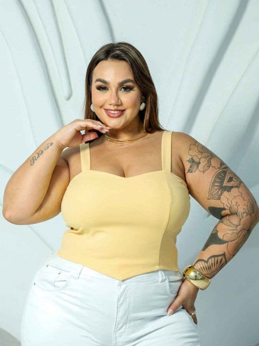 Women's Plus Size Cropped Summer Party Blouse With Neckline, Bengaline Fabric, Thick Straps, And Pointed Detail - 奶油黃 - 查看 1