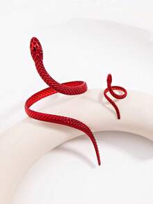 Snake-Shaped Bracelet & Ring Set, Niche Exaggerated Bangle, Fashionable High-End Jewelry Set - Red - View 3
