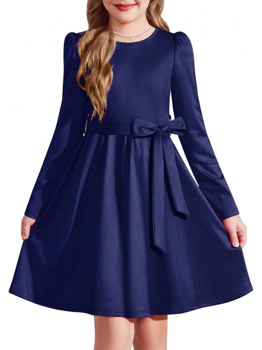 Vestido de manga abullonada con cinturón y bolsillos - Vestido formal de manga larga para adolescentes para fiestas de otoño e invierno - Azul Marino - Ver 1