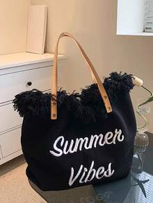Fashionable Large Capacity Letter Tassel Canvas Tote Bag, Minimalist Commuter & Shopping Shoulder Bag - Black - View 5