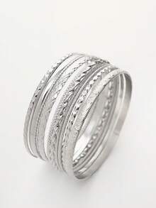 10pcs Bohemian Style Wavy Pattern Smooth Surface Textured Bracelet Set, Multi-Element Stacking Bangle Bracelets For Women (Suitable For Gifts, Parties, Evenings, Daily Wear) - Silver - View 3