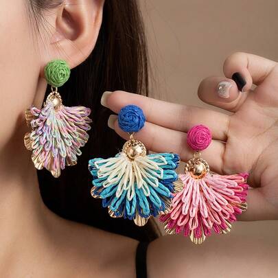 7 Handmade Woven Grass Colored Flower Earrings With High-End Bohemian Travel Photography Vacation Style Earrings
