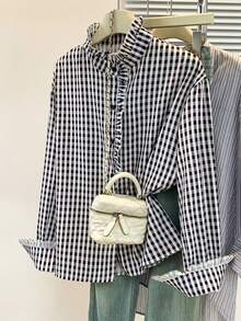 Women's Plaid Ruffle V-Neck Blouse, Button Down Long Sleeve Checkered Shirt, Fashionable And Versatile For Office And Home Wear, Suitable For Autumn, Winter And Spring - Black Plaid - View 6