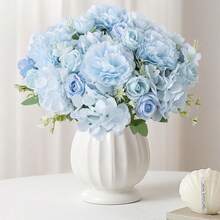 Conjunto com 80 peças de buquê artificial de rosas e hortênsias, plantas artificiais, flores artificiais, decoração de buquês, materiais para guirlandas, acessórios para caixas de doces, corsages, materiais para tiaras, decoração de festas de aniversário, decoração de casa, buquê de noiva, decoração de casamento, decoração de quartos, presente de Ano Novo, presente de Dia dos Namorados - Azul - Ver 5