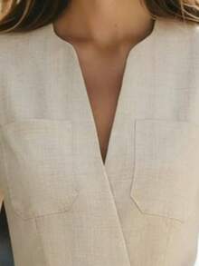 Women's New Elegant V-Neck Linen Dress With Pockets, Zipper, Suitable For Party, Office, Casual, Holiday, Fitted (Without Belt) Summer - Apricot - View 5