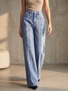 Women's Light Blue Vertical Striped High Waist Loose Straight Leg Jeans, Casual Commuter Denim Pants - Medium Wash - View 5