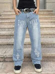 Tween Boys' Letter Embroidered Elastic Waist Casual Jeans, All Season - Medium Wash - View 3