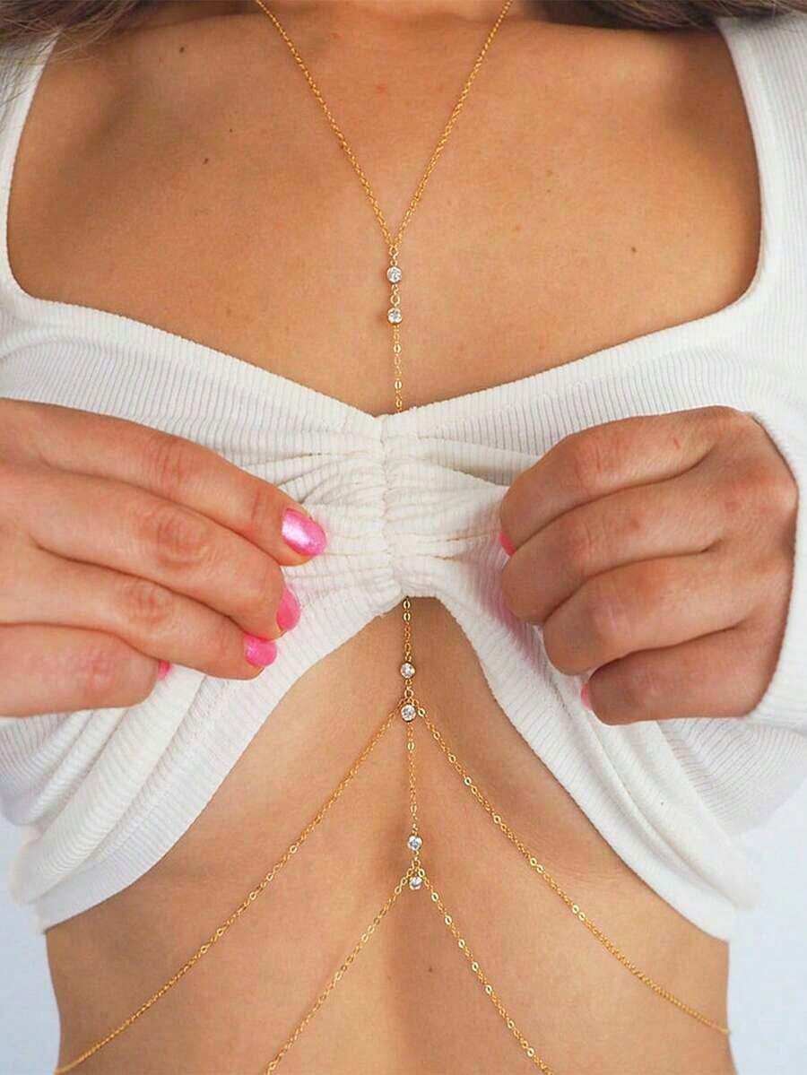 1pc Fashionable Sparkling Metal Body Chain Necklace Women, Beach Resort Sweet Chic Minimalist Dual-Sided Waist Chain Body Jewelry - Nhiều màu - Xem 1