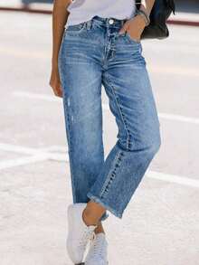 Comfortable Loose Fit Stretchy Distressed Washed Blue Frayed Hem Straight Leg Jeans For Women, Street Style - Giặt vừa - Xem 4