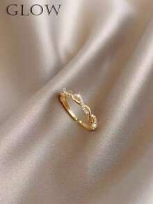 1枚时尚奢华铜合金交叉编织水钻开口戒指，适合年轻女孩日常及节日佩戴 - 金色 - 查看 1