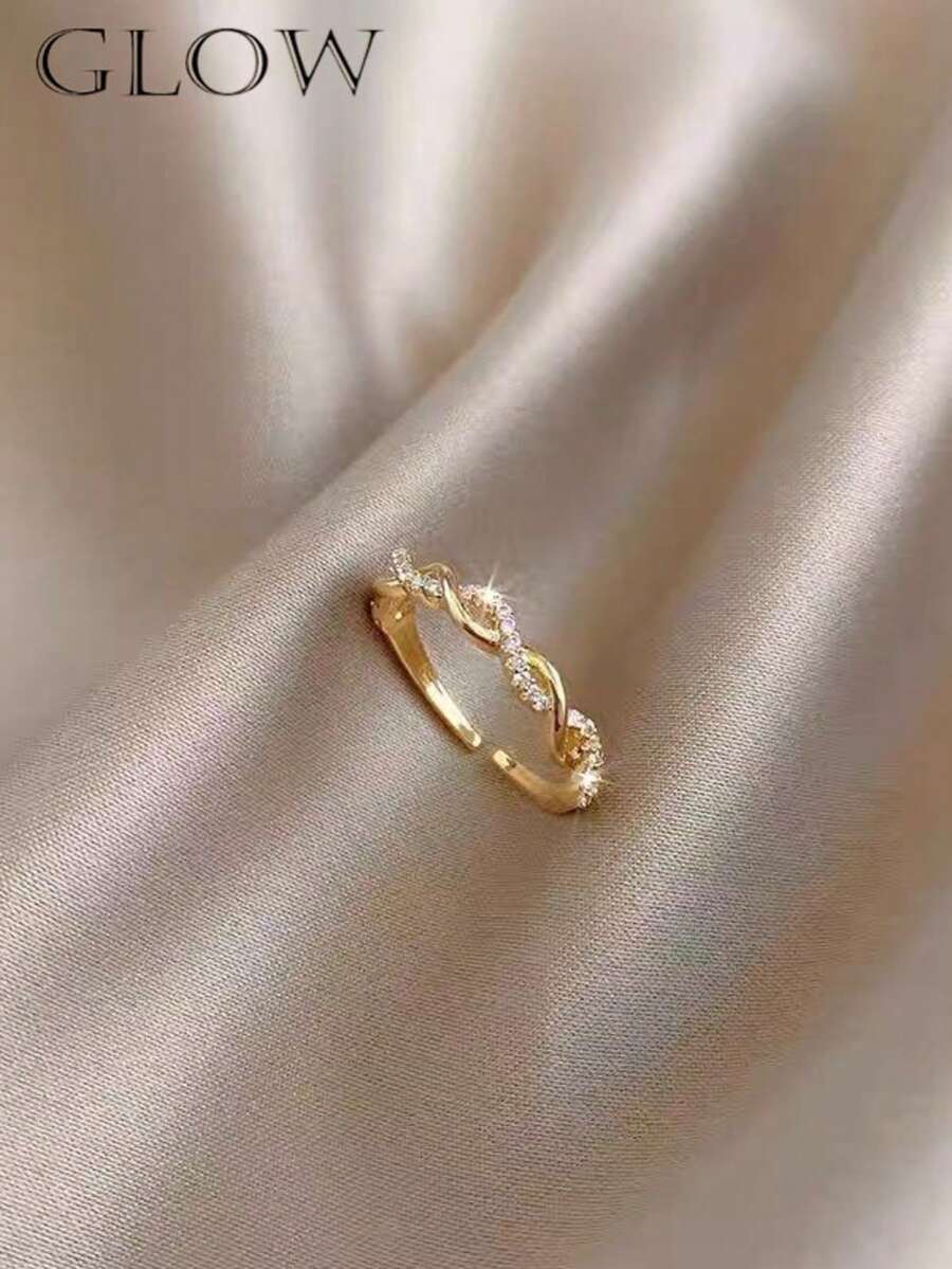 1枚时尚奢华铜合金交叉编织水钻开口戒指，适合年轻女孩日常及节日佩戴 - 金色 - 查看 1