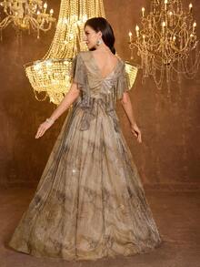 UNITHORSE [Random Print] Women V-Neck Ruffle Sleeve Fitted Backless Mesh Evening Dress - Brown - View 2