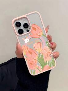 Funda de espejo con diseño floral de conejito con un alegre diseño de tulipanes rosas y un adorable detalle de conejito. Compatible con  17,  16 Pro Max,  15 Pro Max,  13 y  12. Fabricada en TPU resistente, ofrece una excelente protección contra golpes y caídas. Un regalo ideal para cualquier ocasión, desde cumpleaños hasta fiestas, ideal para familiares, amigos o esa persona especial. - Rosa - Ver 3