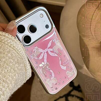 1个电镀银色加厚镀金银边镀金粉色独角兽蝴蝶结设计手机壳，兼容 17/17 Pro Max、16、14、13、15，苹果，节日，可爱，个性化，中国风，卡通，卡哇伊，小众，奢华