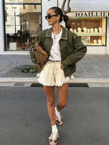 Women's New Pilot Style Loose Retro Jacket With Pockets, Long Sleeve Outerwear For Spring & Autumn - Army Green - View 5