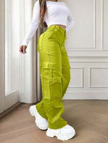 Solid-Color Multi-Pocket Buttoned Casual Y2K Leisure Elegant And Cute Work Pants.Suitable For Back-To-School, Clubs, Birthday Parties, Halloween, New Year, Thanksgiving, Concerts, Gyms, Beaches, Vacations, Business, Daily Airport Wear, Street Style, Teacher's Day, Spring, Summer, Autumn And Winter. - 檸檬綠 - 查看 12