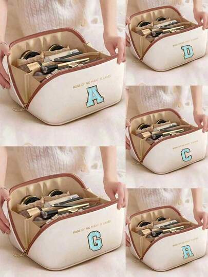 Premium PU Travel Makeup Bag, Towel Cosmetic Storage Pouch With Blue Embroidered A-Z Letters, Large Capacity Multi-Layer Makeup Organizer Bag, Zipper Pockets, Multi-Functional Waterproof Portable Travel Storage Bag, Makeup Brush Set, Cosmetics Storage, Travel Accessories, Cruise Essential, Jewelry Storage