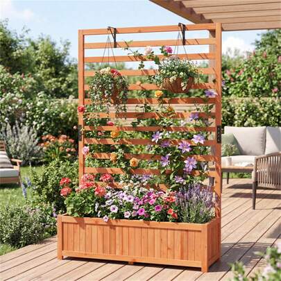 Fir Wood Raised Garden Bed Flower Trellis, Plant Trellis, Climbing Trellis, With Trellis, 91.44*35.56*149.86 Cm Orange Planter Box With Drainage Liner, 88 Lbs Capacity For Climbing Plants