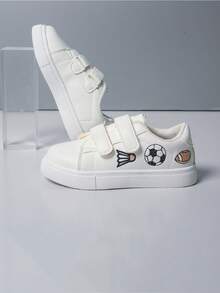 Children's Fashion Badminton And Soccer Embroidered Hook And Loop Glossy Leather Casual Sneakers - White - View 4