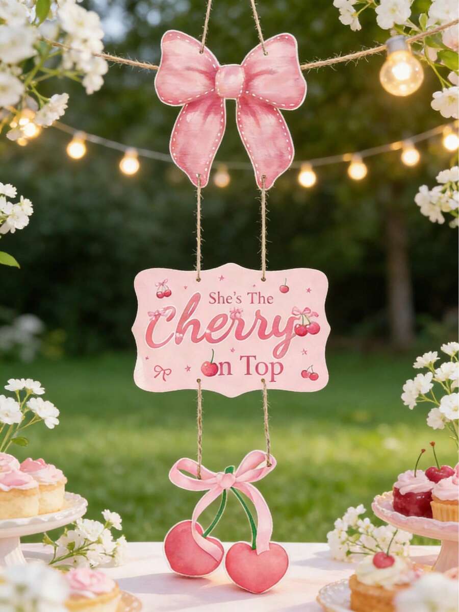 一套蝴蝶结樱桃门挂装饰，蝴蝶结樱桃图案门饰，蝴蝶结生日派对装饰，蝴蝶结樱桃派对背景装饰，户外摄影装饰，家居门饰，墙饰，婴儿派对装饰，性别揭晓派对纸质门挂，生日派对拍照道具装饰，生日横幅，纸质门挂装饰，生日礼物