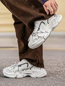 男士新款厚底运动鞋，透气网面厚底休闲运动鞋，系带款式，适合所有季节 - 白色 - 查看 5