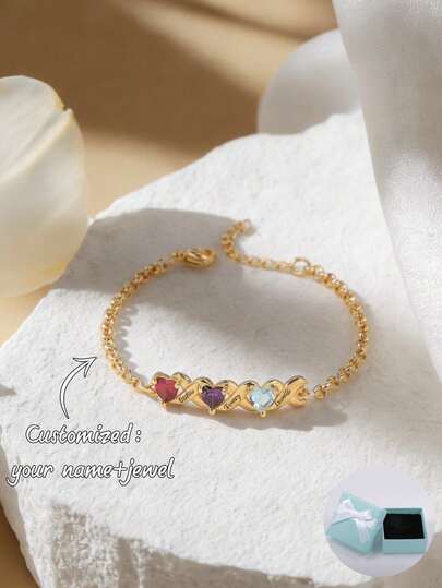 Customized Personalized Birthstone Heart Inlaid Bracelet With 1-4 Names, Ideal For Mother's Day, Valentine's Day, Birthday, Anniversary, Christmas, Graduation, Family & Friends' Gifts Of High-End Quality Stylish,School Supplies,Back To School,School Gift,For Office,For School,For Classroom,For Teacher Gifts,For University,For Colleague,For Dorm Rooms,For Teacher,For Boys And Girls,For Teenagers,Junior High School Students,Middle School Students,High School Senior High School Students,College Students,University Students,Freshman,Sophomore,Underclassmen,Black,Silver,Gold,Stylish,Colorful,Vintage,Simple,Unisex,Casual,Cuties,Custom,Personalized,Unique,Ideal Gifts For Him,Ideal Gifts For Her,Her,Boyfriend,Girlfriend,Dad,Mom,Family,Friends,For Anniversaries,For Birthdays,For Graduation,For Prom,For Party,Customized Fashion Word Bracelets,Street Casual Chic,New Year Glamour