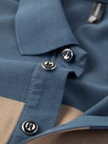 Men's Summer Short Sleeve Polo Shirt, Striped Collar, Casual Business Wear, Blue Half-Placket - Blue - View 7