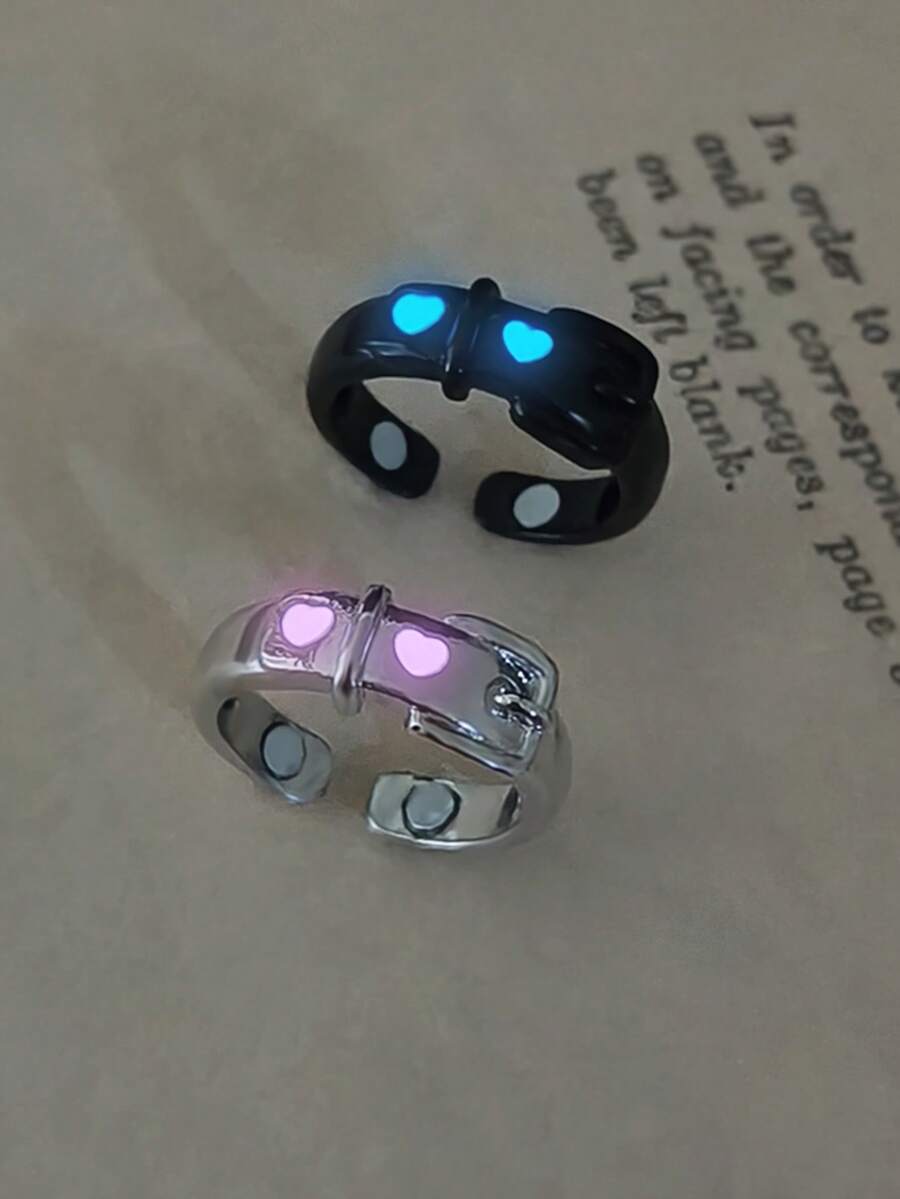 ATLVXJL 2pcs/Set Couple Friendship Family Glow-In-The-Dark Pink Heart Transparent Oil Blue Light Watch Band Style Open Adjustable Silver Black Couple Ring Set, Casual Jewelry Rings Suitable For Daily Wear And Holiday Gift Giving - Multicolor - View 1
