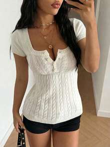Mejors 女士休闲性感新款纯色半开襟针织上衣，方领短袖白色套头毛衣，适合休闲、度假、下午茶、约会、夏季日常穿着。 - 白色 - 查看 4