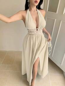 abyoxi 杏色性感深V领露背A字荷叶边下摆休闲长裙，腰部饰有花卉图案，适合度假、海滩、旅行、新年、情人节等场合。 - 杏色 - 查看 5