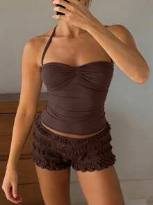 Sunny Girly Summer Women's Y2K Sexy Sexy Style Halter Tie Back Top, Chest Ruched Design, Brown Tank Top For Beach Vacation, Streetwear & Daily Commute Casual - Brown - View 9