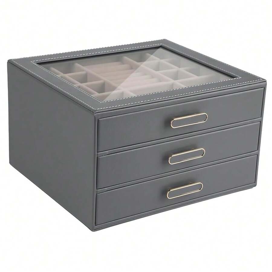 3 Layer Jewelry Organizer Box With Glass Lids & 3 Drawers - Elegant Storage Solution For Necklace, Rings,Earrings, And Bracelets - Perfect For Women ASK-301 (Grey) - Xám - Xem 1