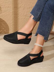 透气绳坡跟凉鞋，双松紧带设计，时尚轻便 - 全黑色 - 查看 3