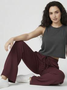 Women's Wide-Leg Sweatpants, High Waist, Faux Drawstring, Wide Waistband, Flare Leg, Comfortable Summer Style - Màu Đỏ Sâu - Xem 4