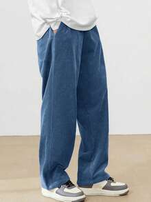 1pc Teens/Boys' Loose Casual Sports Solid Color Versatile Corduroy Straight Leg Pants - Blue - View 3