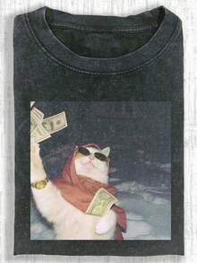 230g Washed, Profitable Cat Print T-Shirt, High-Quality Wax Printed Cotton Retro Fashion Brand T-Shirt, Men's T-Shirt, Beach Essential, Men's Summer Outfit Summer T-Shirt, Holiday Gift, Perfect Gift - 黑色 - 查看 1