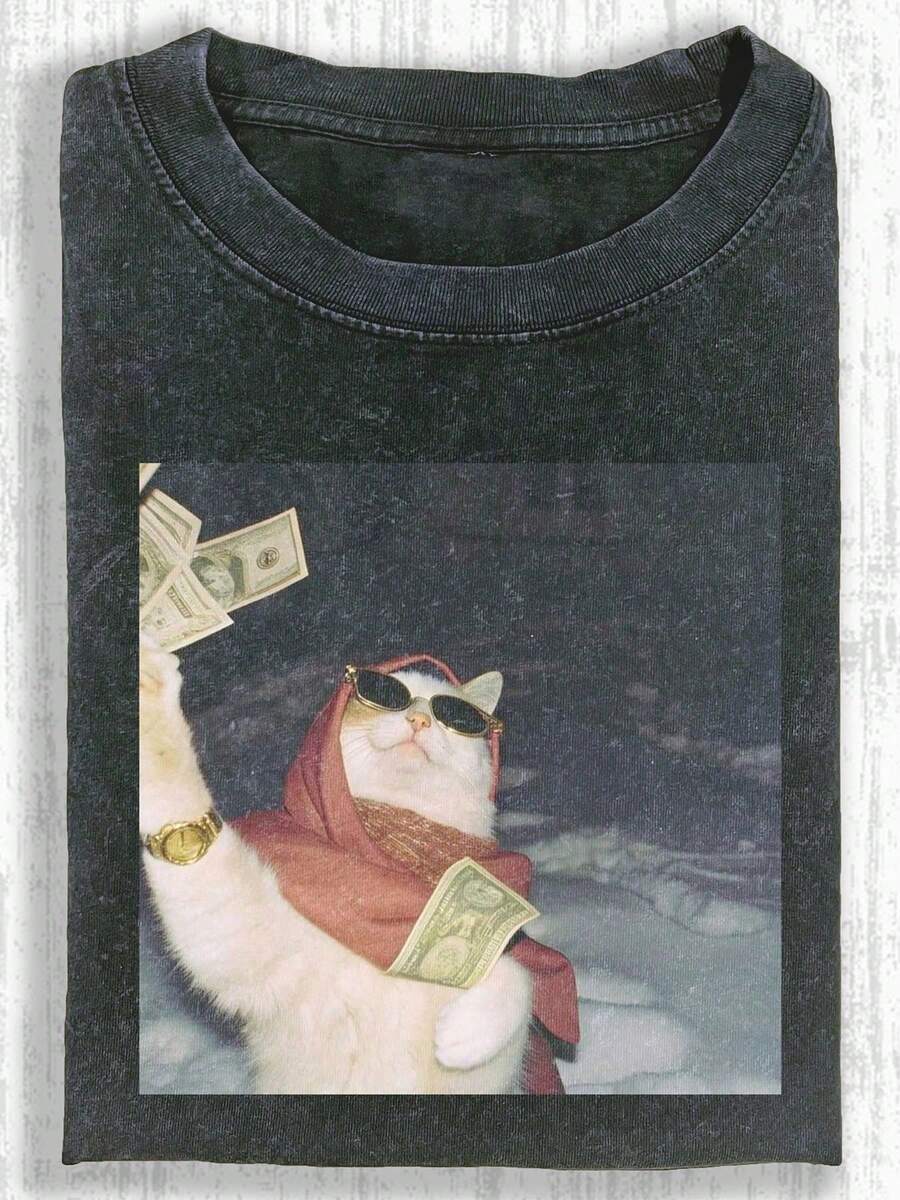 230g Washed, Profitable Cat Print T-Shirt, High-Quality Wax Printed Cotton Retro Fashion Brand T-Shirt, Men's T-Shirt, Beach Essential, Men's Summer Outfit Summer T-Shirt, Holiday Gift, Perfect Gift - 黑色 - 查看 1