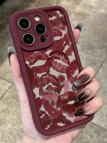 1pc Burgundy Red Lips Graphic Full Coverage TPU Shockproof Phone Case, Compatible With IPhone 16, 15, 14, 13, 12, 11 Pro Max, Series,International Version, Not The Domestic Version - Multicolor - View 5