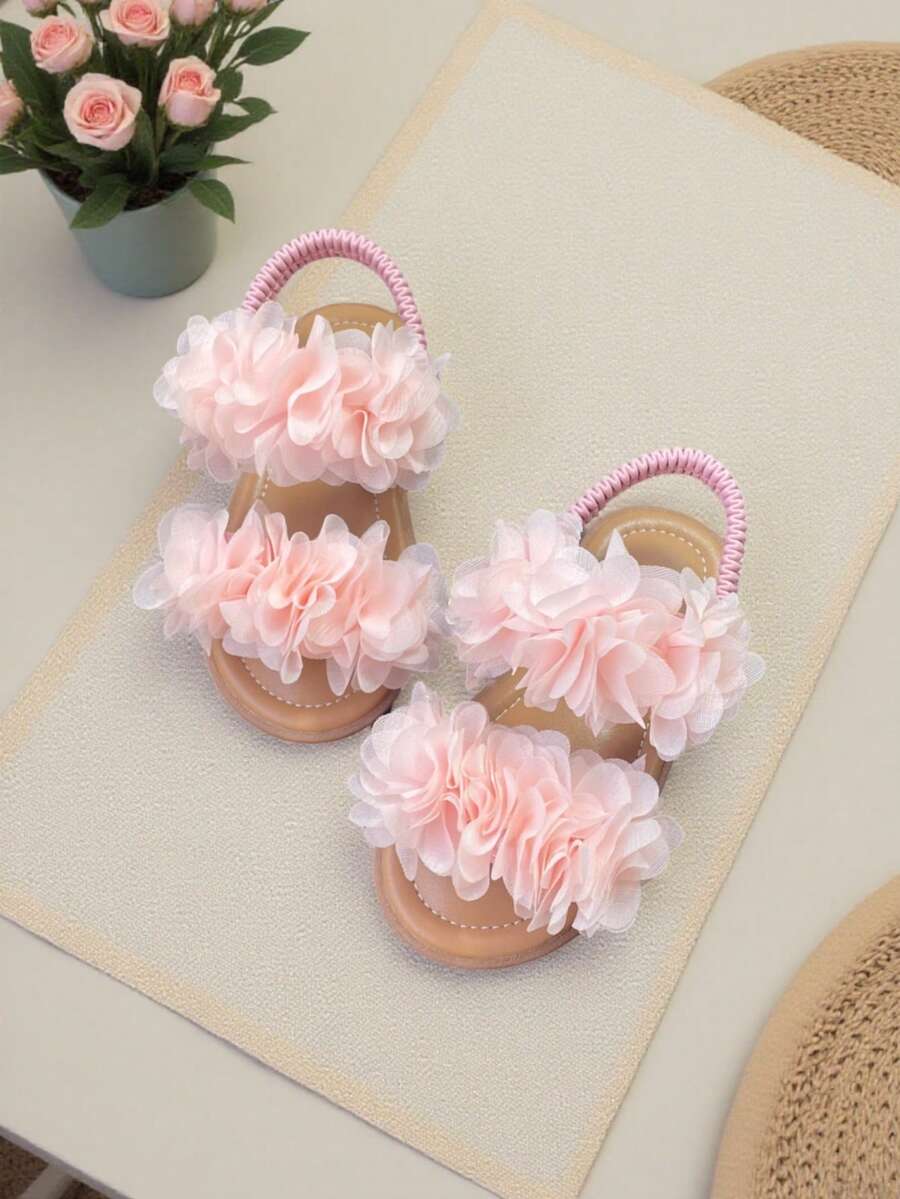 1双可爱碎花女童平底沙滩凉鞋，春夏款 - 粉色 - 查看 1