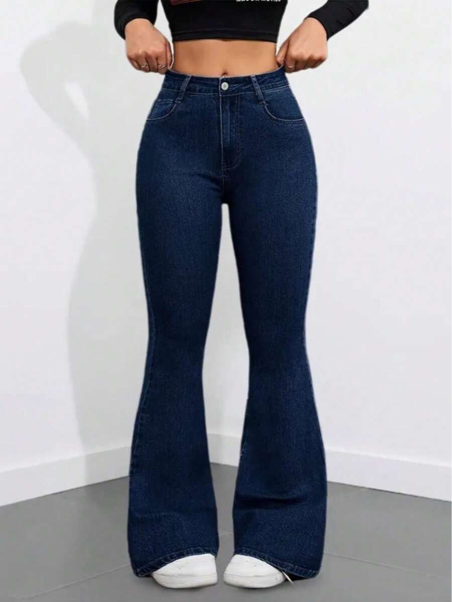 Woman High Waist Flared Jeans – Dark Blue - Navy Blue - View 1
