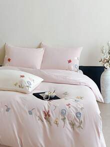 一套三件白色花卉植物刺绣床上用品，包括1个被套和2个枕套，超柔软透气时尚被套 - 淺粉色 - 查看 3