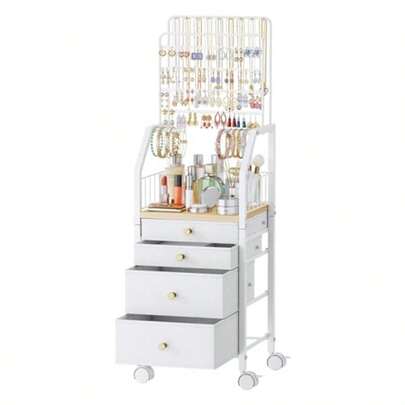 Dgsdhsdg Large Jewelry Organizer Stand - Multifunctional Rack Tower For Necklace Earring Ring And Bracelet Display - Moveable Storage Jewelry Holder Stand With 4 Nonwoven Drawers For Bedroom White